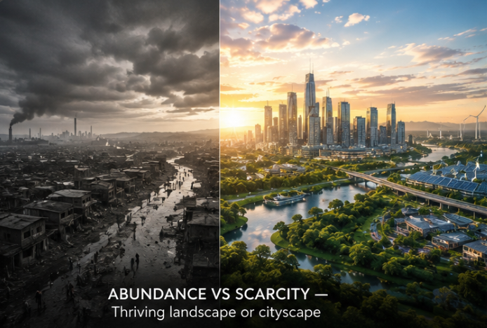Abundance vs scarcity — thriving landscape beside a struggling one