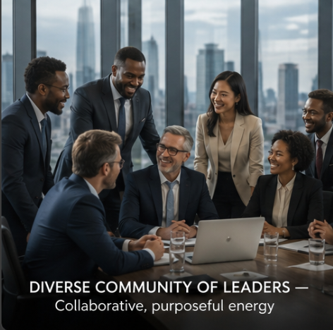 Diverse community of leaders — collaborative, purposeful energy
