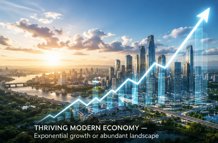Thriving modern economy — exponential growth over an abundant cityscape