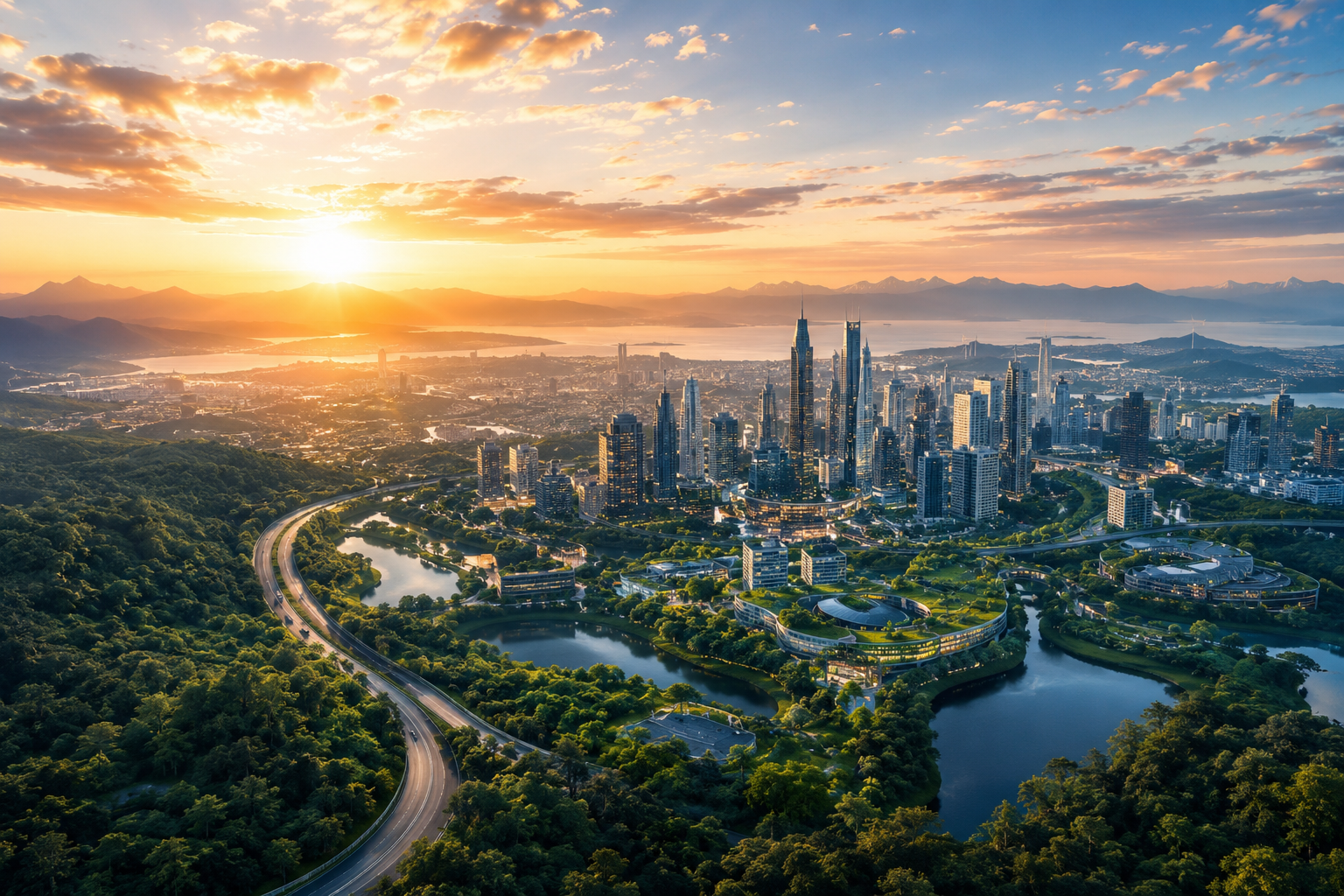 A thriving, abundant world — aerial view of a lush green city at sunrise